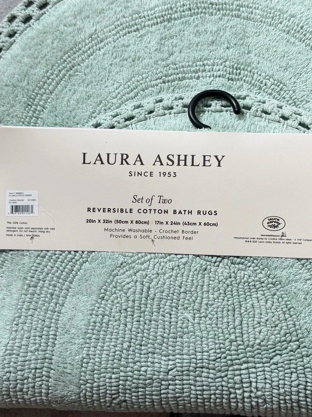 Laura Ashley Silt Green Reversible Cotton Bath Rug Set 2 Pc Crochet Cushion Feel